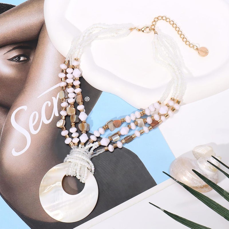 Coiris Shell Pendant Statement Strand Necklace for Women Boho Multi Beads Natural Stone Colorful Necklace Bohemian Handmade Chunky Shell Beaded Collar Jewelry for Women - Image 2